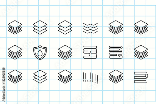 Handdrawn doodle icons of layers, stacks, and data protection on grid paper