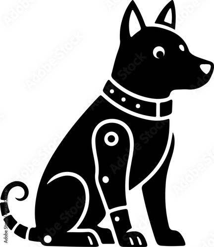 Black silhouette icon of a sitting robot dog with visible mechanical joints and collar. Represents Artificial Intelligence, robotics, and futuristic technology or companion pets.