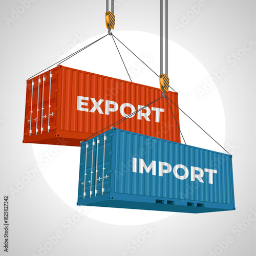 Hand-Drawn Import and Export Boxes Hanging on Crane, Red and Blue Cargo Containers with Grey Circle Background Vector Illustration