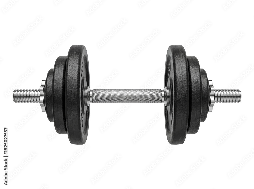 Naklejka premium Adjustable dumbbell with black plates isolated PNG, fitness equipment for strength training and bodybuilding on transparent background