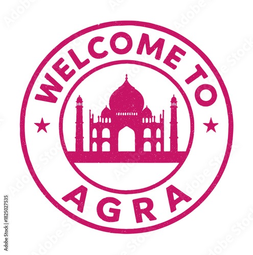 Rubber stamp design welcoming visitors to Agra featuring the Taj Mahal in vibrant red color