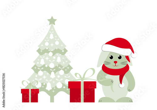 bunny with cap and scarf, christmas tree and gifts isolated on white background