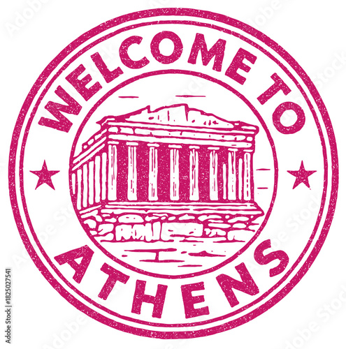 Welcome to Athens with a rubber stamp of the iconic Parthenon design showcasing travel inspiration