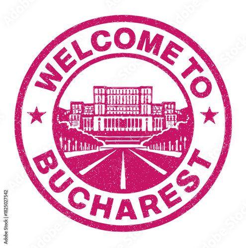 Rubber stamp design welcomes visitors to Bucharest featuring the Palace of Parliament in bold colors