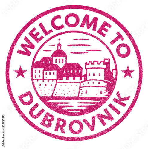 Rubber stamp design featuring welcome to Dubrovnik Old Town and Fortress Walls in vibrant red