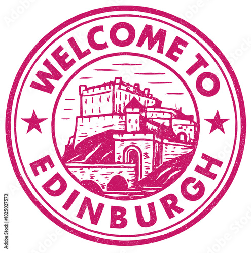 Rubber stamp design featuring welcome to Edinburgh with Edinburgh Castle illustration in red vector style