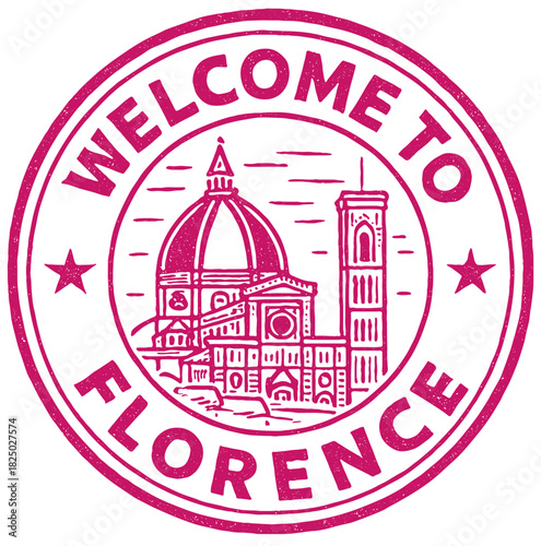 Rubber stamp depicting welcome to Florence Cathedral of Santa Maria del Fiore in bright red vector design