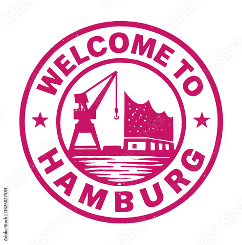Rubber stamp design featuring welcome to Hamburg Port and Elbphilharmonic in red vector style