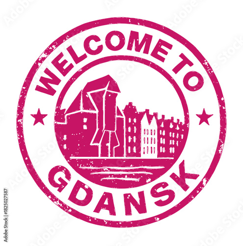 Welcome to Gdansk rubber stamp design featuring the iconic crane and colorful embankment buildings
