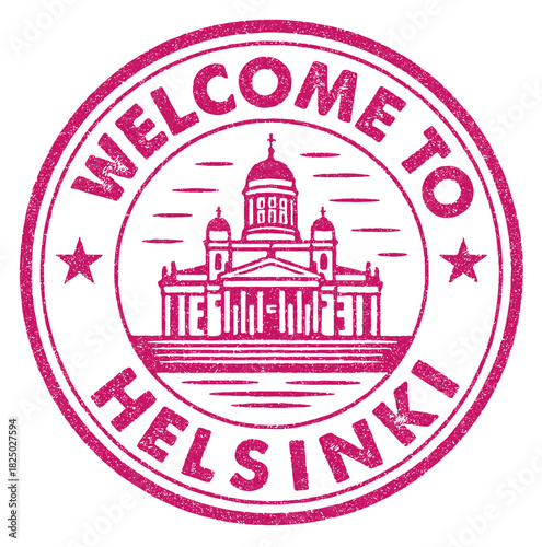 Rubber stamp featuring the Helsinki Cathedral with a warm welcome message