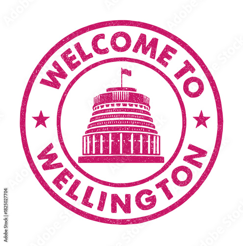 Welcome to Wellington Parliament rubber stamp design with red vector