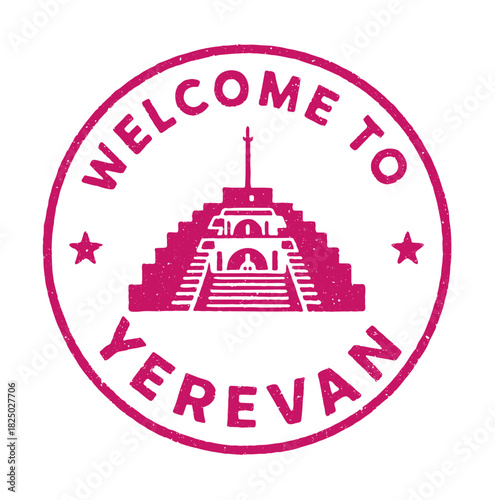 Explore the welcoming atmosphere of Yerevan with an iconic rubber stamp design featuring the Armenian Cascade