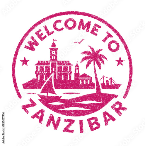 Welcome to Zanzibar Stone Town rubber stamp design featuring iconic architecture and nature