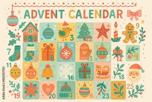 Advent calendar in decorative childish lovely style. Vector illustration in pastel colors