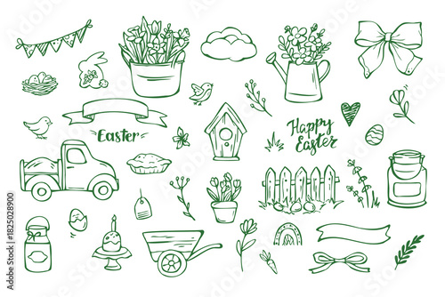 Farm easter doodles collection green on white background