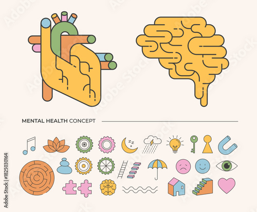 Abstract heart and brain infographic. Mental health concept illustration.