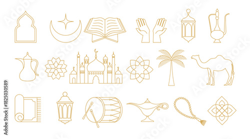 Ramadan Kareem design elements collection in Art Deco style. Modern Islamic linear icons set.