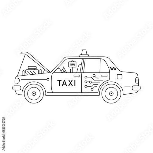 Autonomous self-driving taxi cab line icon. Digital circuit board network design integrated into a broken car with an open hood, representing modern vehicle repair and maintenance.