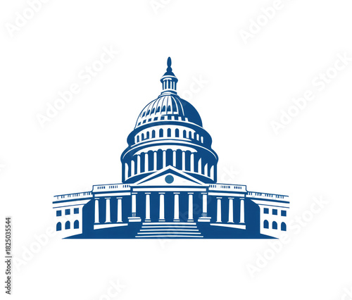 Blue-hued illustration of a large building with a prominent dome, columns, and rectangular structure, set against a black background