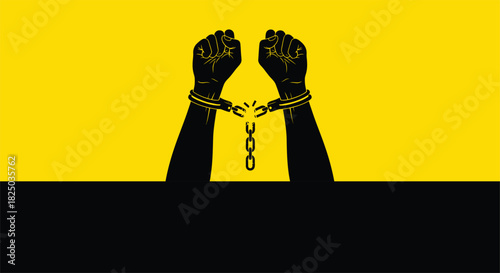 Hands in chains symbolizing freedom and liberation on yellow