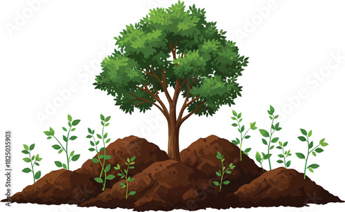 Young tree growing on soil piles illustration