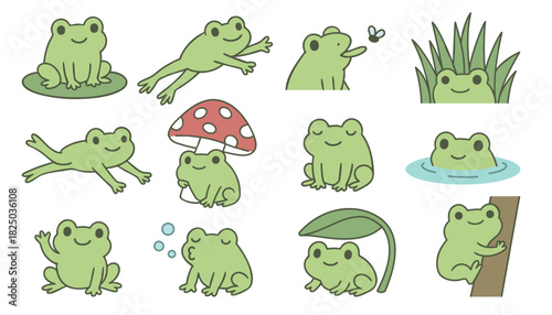 Cute Green Frog Illustration Set. Vector Collection of Funny Cartoon Amphibians in Various Poses