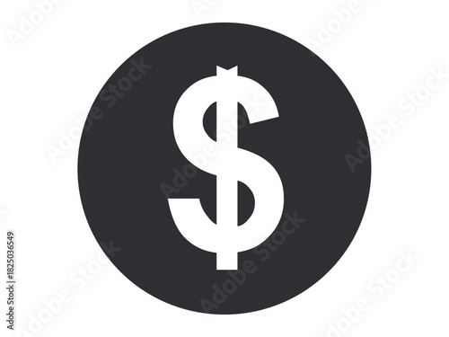 Finance, economy, investment, currency, wealth, budgeting. Bold white dollar symbol centered in a black-filled circle. Finance and economy concept for currency-related usage