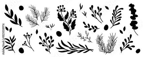 Holiday set with black silhouette plant branch and kraft leaf decor in doodle style. Botanical floral nature design, perfect for xmas or gift box, modern decor and festive background concepts.