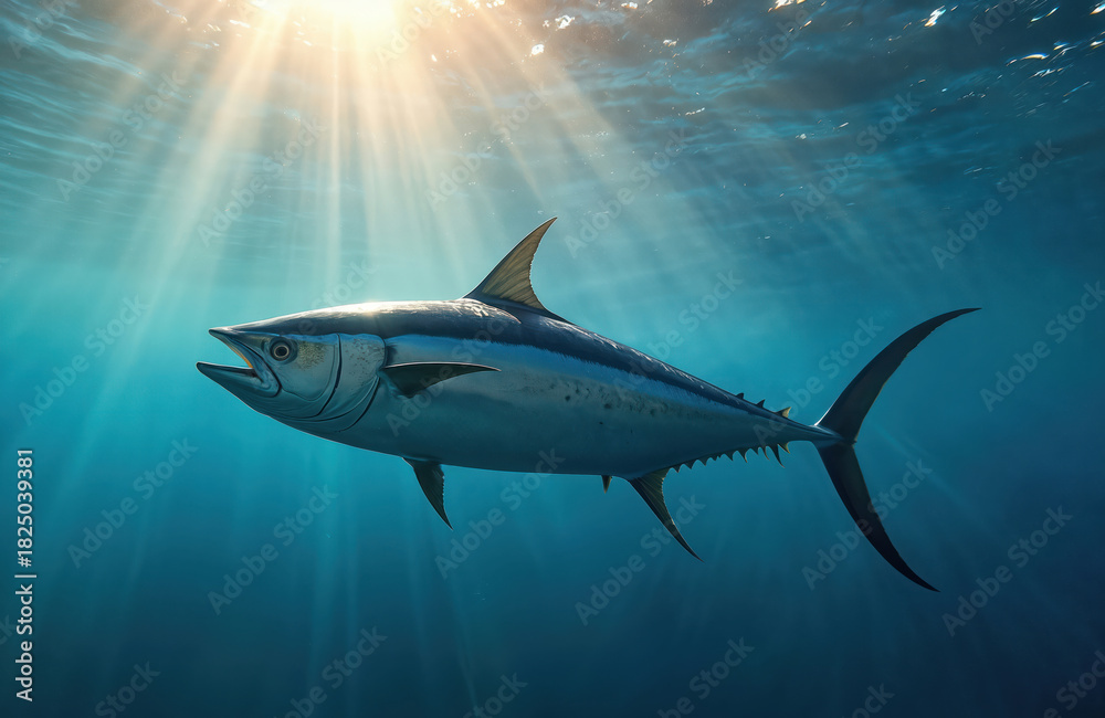 Fototapeta premium Large tuna swims deep blue ocean. Sunlight rays shine from surface water. Marine life, predator fish, oceanography concept. Underwater wild creature.