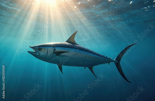 Large tuna swims deep blue ocean. Sunlight rays shine from surface water. Marine life, predator fish, oceanography concept. Underwater wild creature.