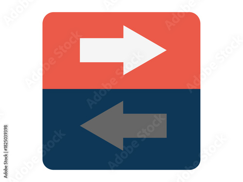 Decision-making, navigation, conflict, contrast, choices, direction. A red and blue square with white right arrow and gray left arrow. Decision-making and navigation concept
