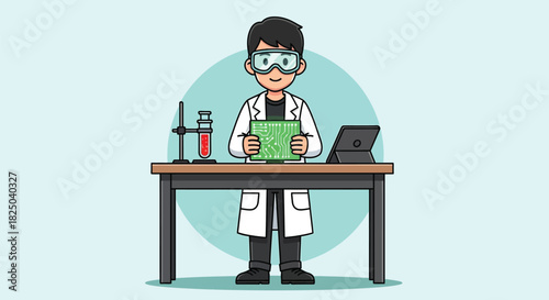 Cartoon Scientist Holding Green Eco Report - Laboratory Research Illustration