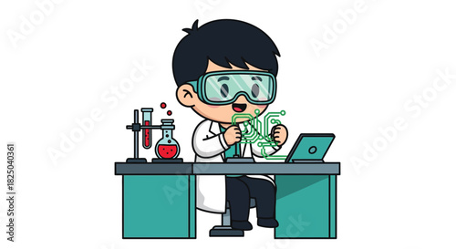 Cartoon scientist in a lab coat with safety glasses, conducting an experiment with a beaker and test tubes.