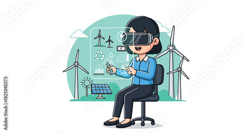 Woman using VR glasses for renewable energy simulation, wind turbines and solar panels.