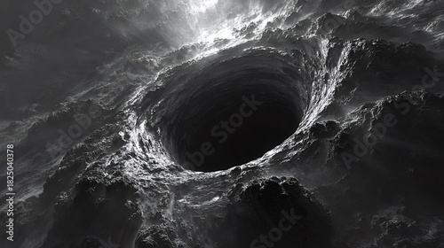 Deep chasm extending into a dark void, creating an abstract and mysterious monochrome landscape with surreal textures, representing fear, hopelessness, and the unknown