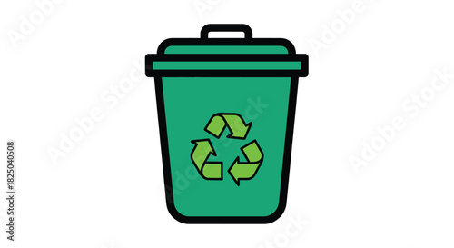 A green recycling bin with a black lid and a prominent recycling symbol on its side, isolated on white.