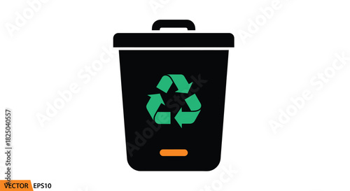 Black trash bin with a green recycling symbol on a white background.