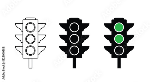 Traffic Light Icon Set - Outline, Silhouette and Green Light Versions