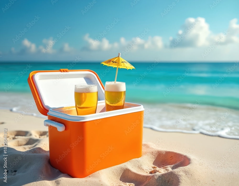 Obraz premium Orange cooler with two glasses of beer on beach by ocean. Cooler open on sandy shore with blue water and sunny sky. Refreshing drinks in glasses with umbrella. Beach vacation relaxation scene.