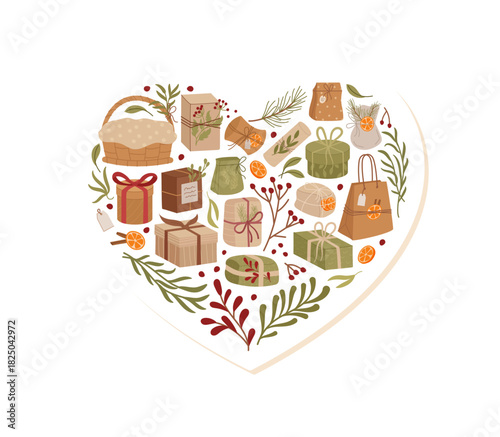 Rustic kraft heart gift sticker with green holiday package and present. Surprise box and container in a soft graphic style, unique for seasonal decor or festive packaging.