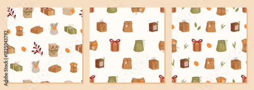 Trendy seamless kraft gift box pattern in flat graphic style set. Paper package and present form a set with ribbon. Christmas motif for modern wrapping, decor, or festive background design.