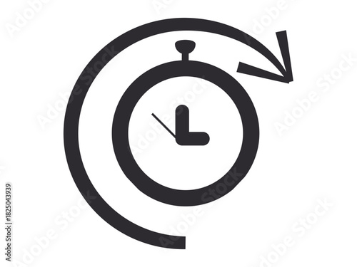 Time management, scheduling, planning, deadlines, workflow, efficiency. Black clock icon with an arrow circling around it. Time management and scheduling concept