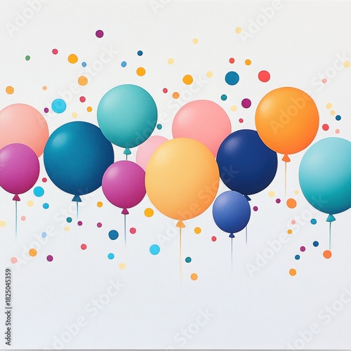 Colorful balloons float against a light background, creating a festive and cheerful atmosphere.