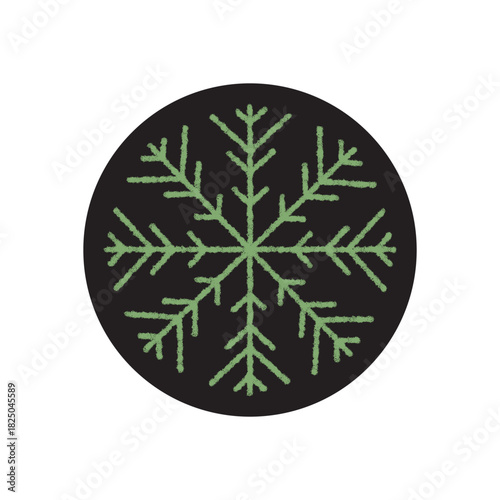 Round crayon snowflake sticker with green icy decoration on black. Cold winter symbol and frosty element. Christmas box accent, perfect as sticker or festive label.