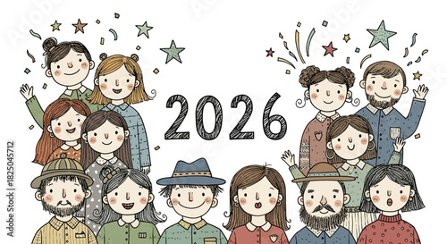 A joyful and diverse community of cartoon people celebrating the year 2026, looking forward to future opportunities, togetherness, and new beginnings