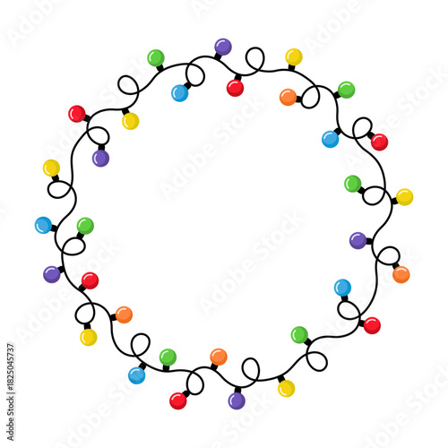 Round shaped Christmas lights frame. Circle lightbulb garland. Holiday decorative element for xmas and birthday greeting cards, invitations, banners, posters. Vector illustration