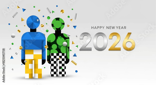 Abstract figures celebrate the arrival of Happy New Year 2026 with confetti and modern geometric shapes, symbolizing a fresh start and future optimism