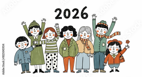 Hand-drawn illustration of a diverse and happy group of cartoon people in winter clothes celebrating the year 2026