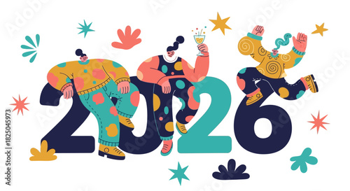 A vibrant and cheerful flat vector illustration of people celebrating the upcoming year 2026 with a party