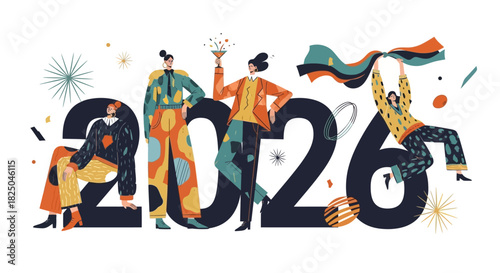 Happy New Year 2026 Celebration Illustration with Festive People and Confetti